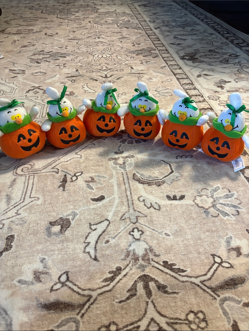 Halloween Pumpkin Plush Decorations with Green-Accented Characters Pack of 6